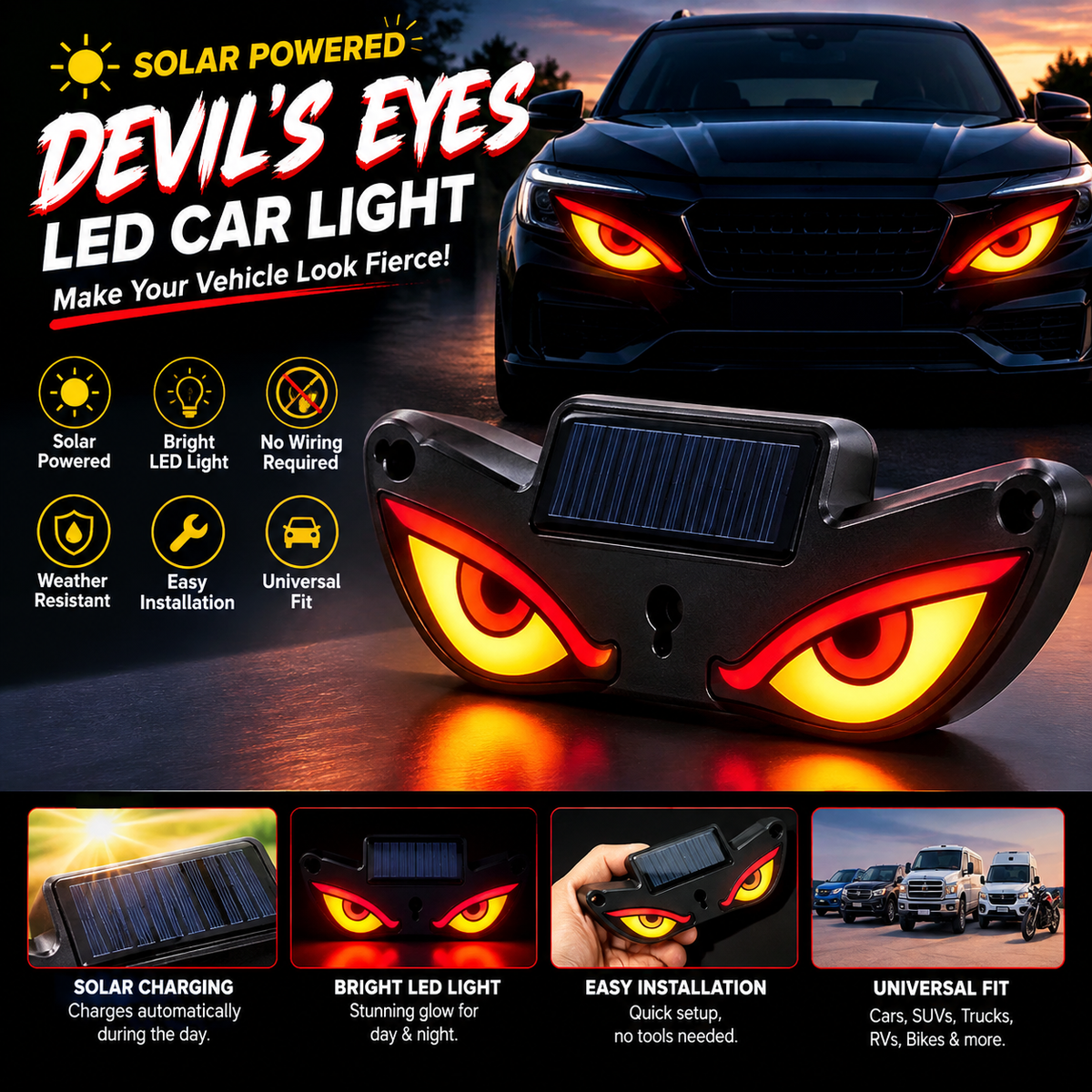 Solar Powered Devils Eyes LED Car Light